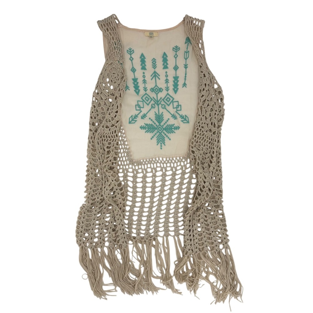 Boho Crochet Fringe Vest Open Knit Festival Western Aztec Graphic CoastalCowgirl